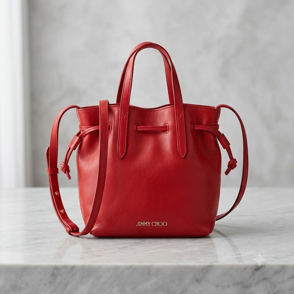 Authentic Jimmy Choo Barra Bucket/Tote | Red Nappa Leather
